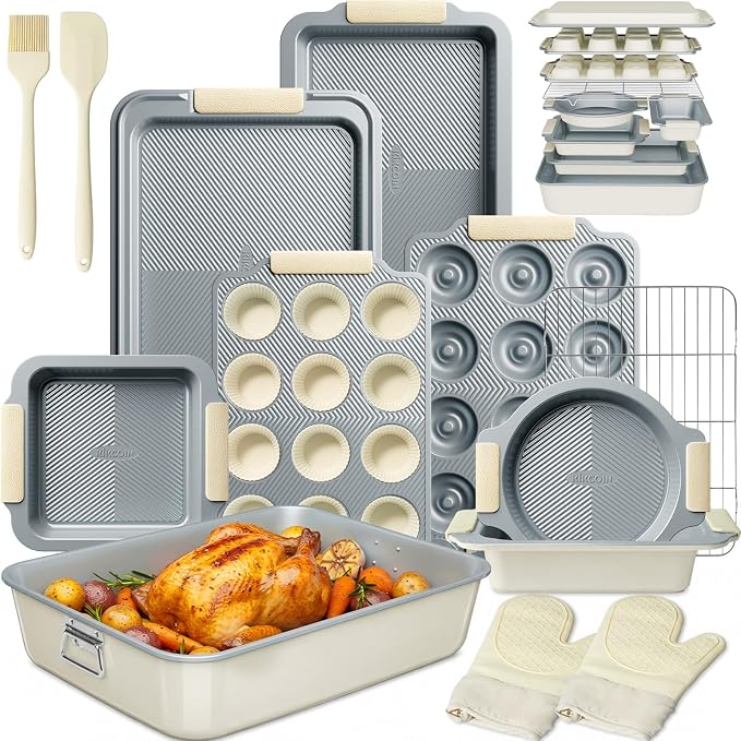 Kikcoin 25-Piece Nonstick Baking Pans Set with Large Turkey Roasting Pan, Stackable Bakeware Set, 450°F Oven Safe Baking Sheet Set with Silicone Handles, Carbon Steel Cookie Sheets for Baking, Cream