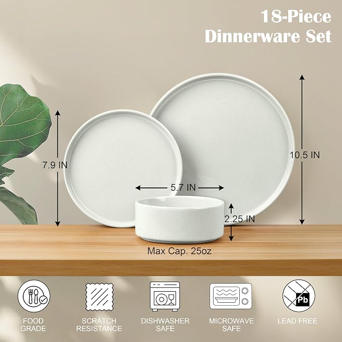 E-far Dinnerware Sets for 6, 18-Piece Stoneware Plates and Bowls Set, White | Modern Kitchen Dining Dishware, Chip and Scratch Resistant, Microwave & Dishwasher Safe, Speckled White