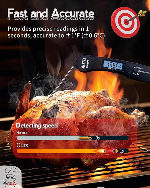 Ultra-Fast 1.2s Instant Read Meat Thermometer for Grilling & Smoking, ±1°F Accuracy with Calibration, Reversible Backlit LCD for Left/Right Hand, Magnetic Digital Food Thermometer for BBQ, Candy, Oil