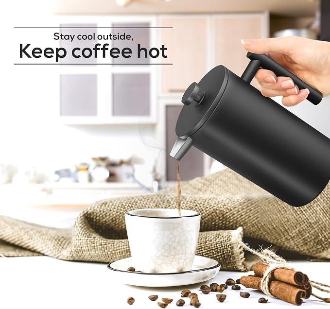 Utopia Kitchen 304 Grade Stainless Steel French Press 12 Oz, Black | Double Wall Insulated Coffee Press with 4-Level Filtration System, Include 2 Extra Filters, Rust-Free, Dishwasher Safe