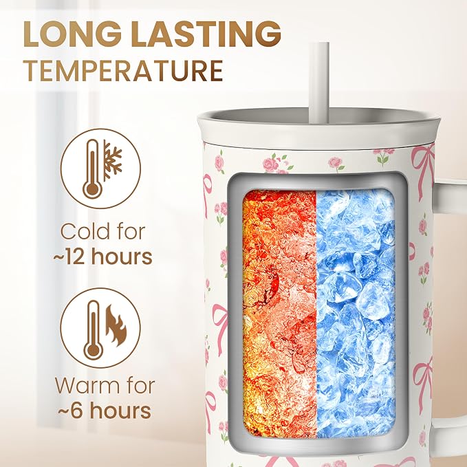 Bow Tumbler with Handle 40oz, Stainless Steel Insulated Tumblers Coffee Travel Cup with Slider Straw Lid, Gifts for Women Teen Girls Birthday
