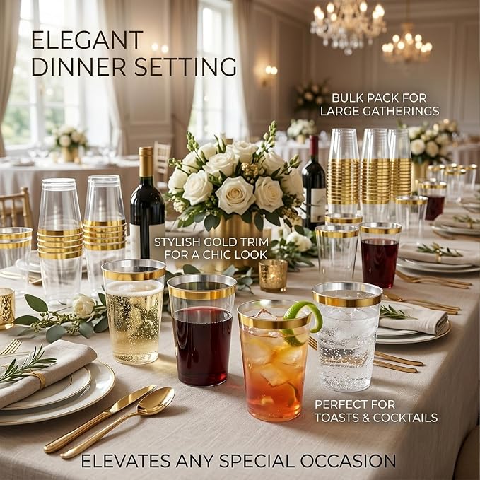 Byvivace 12oz Clear Plastic Cups with Gold Rimmed Sturdy & Food Safe Disposable Wine Glasses Wedding Cups Party Cups Plastic Cocktail Glasses for Wine, Juice, Cocktails and Cold Beverages [100 Pack]