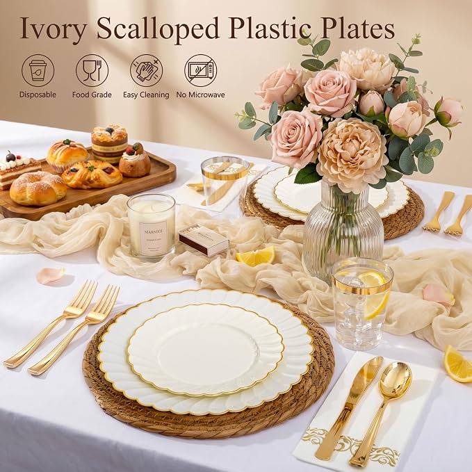 YOUBET 175PCS Ivory Scalloped Plastic Plates for Party Wedding | Ivory and Gold Disposable Dinnerware Set Include 50 Plates, 75 Gold Silverware, 25 Cups, 25 Napkins