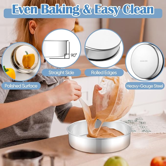 E-far 8 Inch Cake Pan Set of 2, Stainless Steel Round Baking Pans Tins Mold | Non-Toxic & Leak-Proof for Birthday Wedding Layer Tiered Cake, Easy Clean & Dishwasher Safe