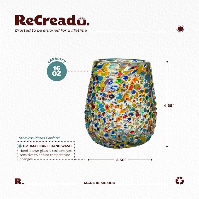 Confetti Dots Hand Blown Stemless Wine Glasses Set of 6 – Colorful Mexican Glassware – 16 oz Wine Glass – Hand Blown Mexican Drinking Glasses for Wine, Cocktails & Tequila