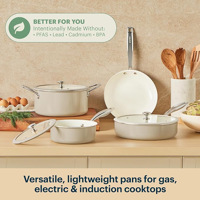 Pyrex 7-Piece Ceramic Cookware Set, Pots and Pans with Lids & Handles | Healthy nonstick ceramic coating, induction compatible stainless steel, PFAS Lead Cadmium BPA Free