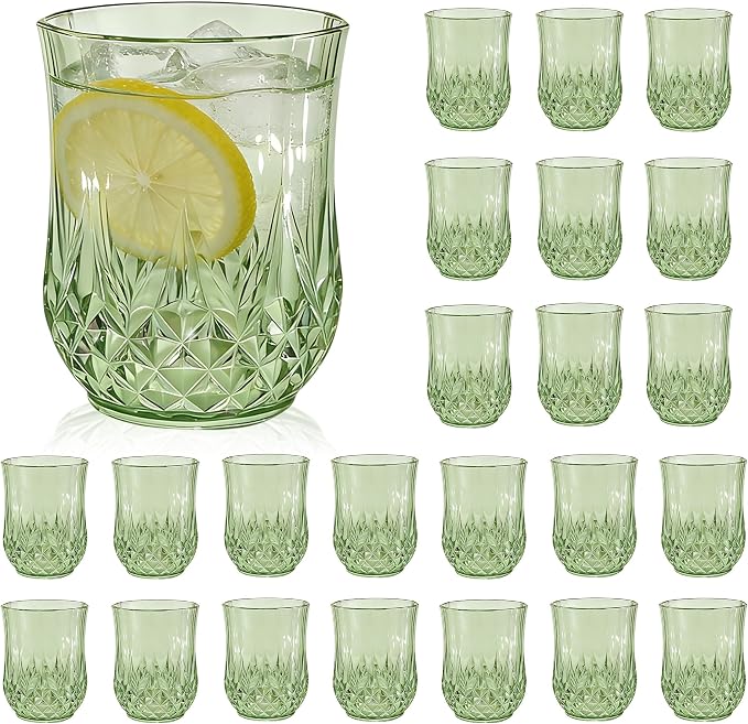 24 Pack Plastic Stemless Wine Glasses, 12oz Unbreakable Wine Cups | Reusable Fancy Vintage Drinking Glass Bulk for Cocktail, Whiskey, Juice, Elegant Decor for Wedding, Party & Holiday Events