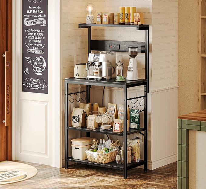 SUPERJARE Kitchen Bakers Rack with Power Outlet, Coffee Bar Table 4 Tiers, Kitchen Microwave Stand with 6 S-shaped Hooks, Storage Shelf Rack for Spices, Pots and Pans - Black