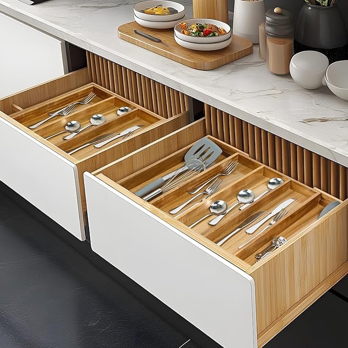 VaeFae Bamboo Drawer Organizer, Large, Acacia | Expandable Silverware Organizer, Kitchen Utensil Storage, Wooden Cutlery Tray with Dividers, Fork and Spoon Holder