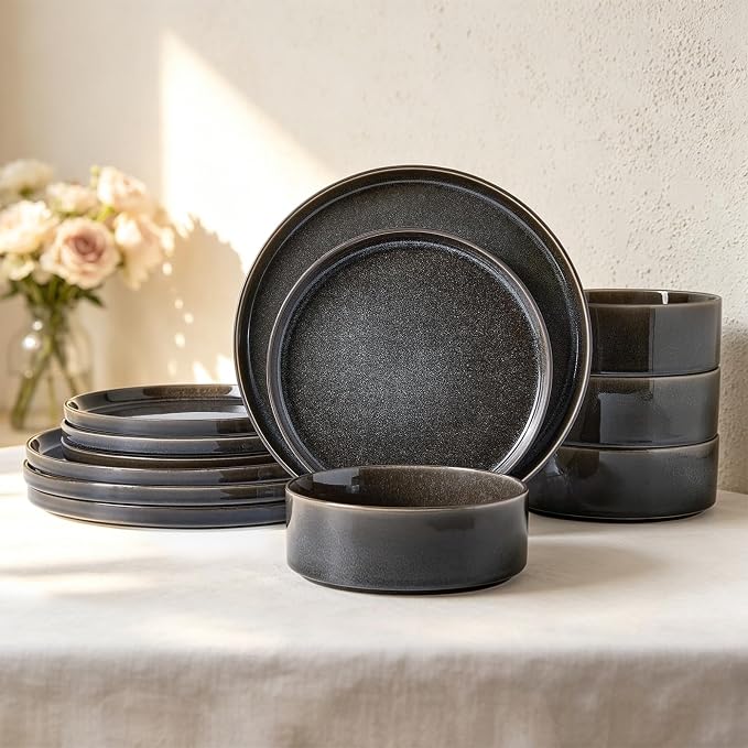 Dinnerware Sets for 4, 12 pcs Reactive Glaze Plates and Bowls Sets, Black | Large Size Modern Stoneware Dishes, Chip & Scratch Resistant, Dishwasher and Microwave Safe Tableware, Glossy