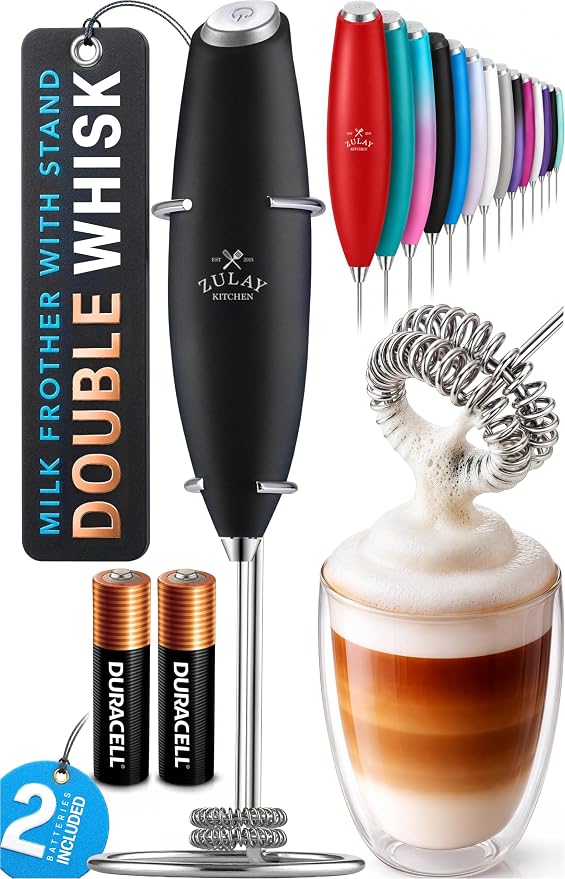 Zulay Kitchen Powerful Milk Frother Wand With Duracell Batteries - Ultra Fast Handheld Drink Mixer - Electric Whisk Foam Maker for Coffee, Lattes, Cappuccino & Matcha - Double Whisk - Royal Black