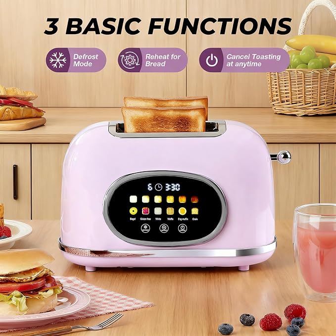 Roter Mond Smart 2 Slice Toaster, Touchscreen, Bagel Defrost, Light Purple | Retro stainless steel, digital timer & sleep mode, 6 bread types & shades, defrost/reheat/cancel,even toasting wide slots