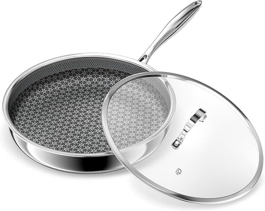 Hybrid Non Stick Frying Pans, 12-inch Stainless Steel Frying Pans with Tempered Glass Lid, 5 Ply Induction Cookware, Dishwasher-Friendly, Oven-Safe Up to 800°F, Compatible with All Cooktops