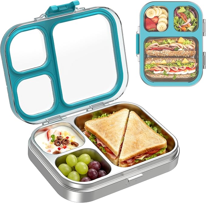 LOHASOK Stainless Steel Bento Lunch Box, 800ml, Blue | 3-Compartment, Leak Proof, Lightweight, Clear Plastic Lid, for Kids Adults, BPA/BPS Free, Dishwasher Safe