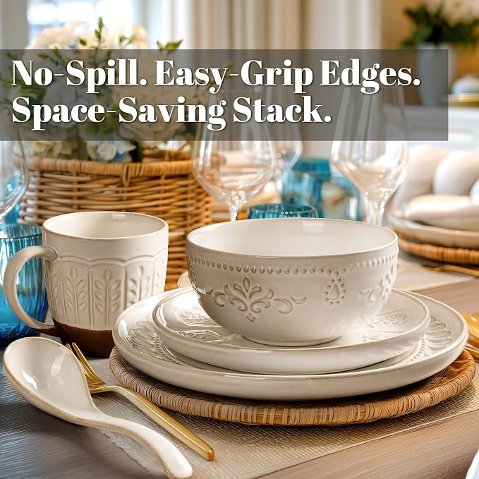 Plates And Bowls Sets, 16 Pieces Dinnerware Sets, Dish Set For 4, Ceramic Kitchen Bowl And Plate Set, Embossed White Dishware Sets, Dishwasher & Microwave Safe (Wheat Leaf)