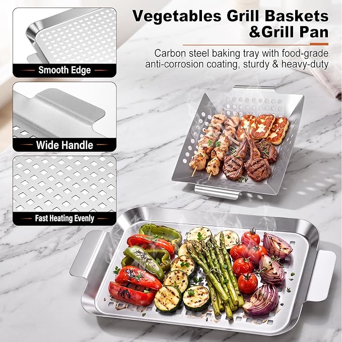 2 Pack Grilling Accessories Outdoor Grill Topper Vegetables Grill Baskets for BBQ, Grilling Pans Trays Griller Baskets with Holes and Handles, Carbon Steel