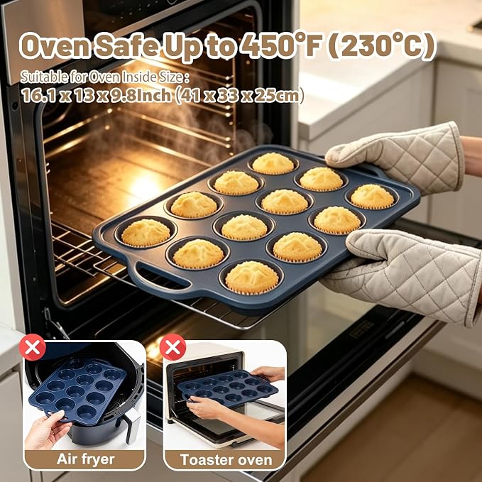 2 Pack Silicone Muffin Pan 12 & 24 with Frame Non Stick Cupcake Baking Tin | Silicone Mini Cupcake Pan with Handles, BPA Free Silicon Regular Muffin Tin Tray Small for Baking, Egg Bites Mold Vnray Grey