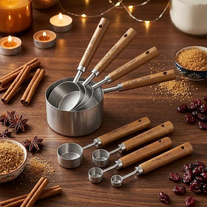 Measuring Cups and Spoons Set, Stainless Steel Metal measuring Cups with Wooden Handles, Great for Dry and Liquid Ingredients, Engraved Metric Markings, Nesting Design for Baking