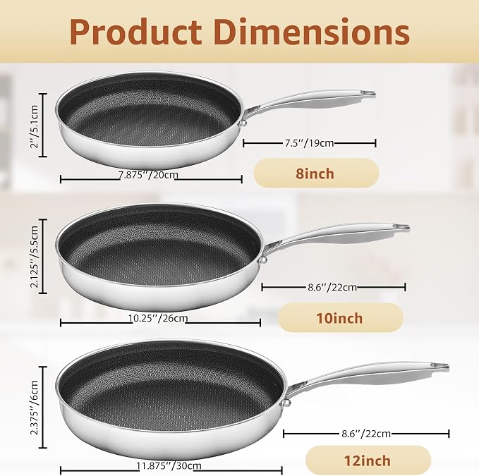 LOLYKITCH 8-10-12 Inch Nonstick Frying Pan Set with Glass Lids | PFOA Free | Hybrid Stainless Steel Skillet | Non-Toxic | Stay-Cool Detachable Handle | Dishwasher and Oven Safe | Induction Ready