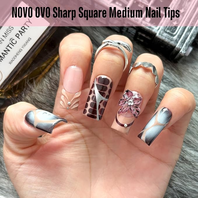 NOVO OVO Sharp Square Medium Nail Tips Press on, Natural (Not Sculpted) No C Curve Soft Gel Double Matte Clear Fake Nail Extension,Full Cover False Nails for Salon DIY Manicure x 15 Sizes 180 pcs