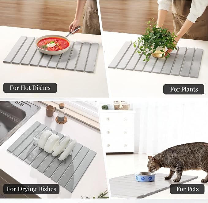 Diatomaceous Stone Dish Drying Mat with Collapsible Steel Rack - Quick Dry Kitchen Counter Set, Space Saving Foldable Dryer