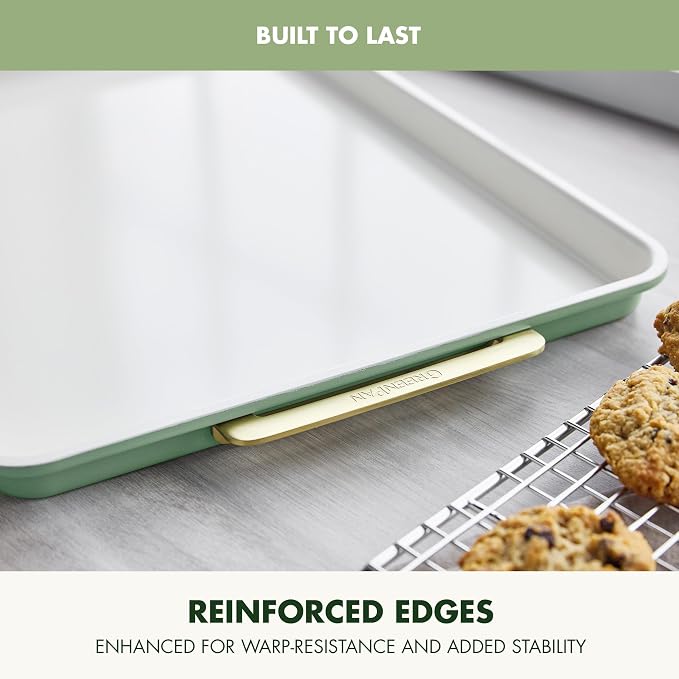 GreenPan Bakeware 13" x 9" Quarter Sheet Pan, Ceramic Nonstick Baking Pan, PFAS & BPA Free, Gold Handles, Durable Steel, Versatile & Space Saving Ovenware, Freezer to Oven Dish, Sage Green