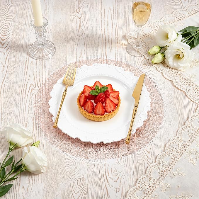 120PCS Disposable Gold Placemats Set, 13 in Rose Gold Foil Table Mat Bulk | Metallic Mesh Pressed Round Charger Doilies for Table, Paper Placemats for Wedding Birthday Dining Party Home Decor