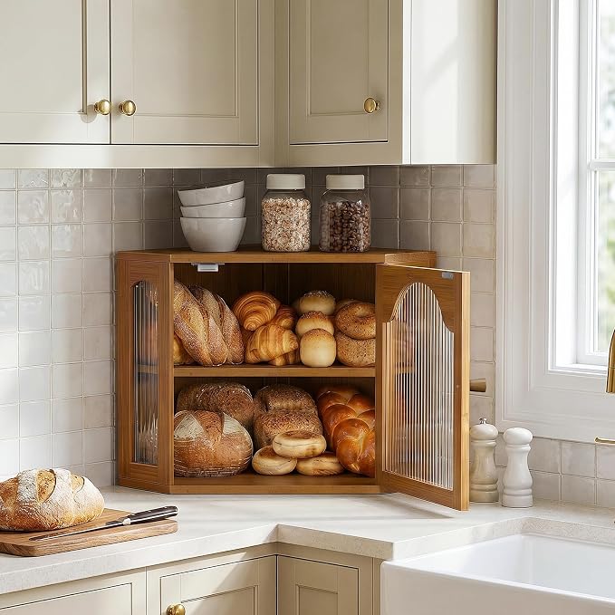 2-Tier Corner Bread Box for Kitchen Countertop with Acrylic Wavy Door Panel | Bread Storage for Homemade Bread, Large Bamboo Vintage Farmhouse Bread Bin, Cabinet Cupboard Pantry, Caramel, Meduim