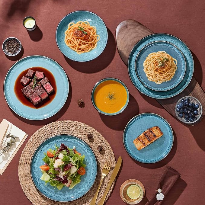 LIANYU Stoneware Dinnerware Sets with Pasta Bowls for 4, Pastel Turquoise | 16 Piece Plates and Bowls Dishes Set, Dishwasher Safe Dining Ware Dishware for Home Kitchen, Microwave Safe