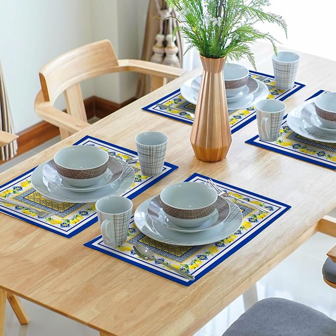 Lemon Summer Table Placemats for Dining 12 x 18 Inch Set of 4，Blue Yellow Boho Heat-Resistant Washable Table Non-Slip Rectangle Place Mat for Seasonal Party Kitchen Dining Table Decor