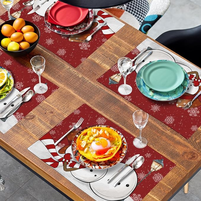 Red Snowman Snowflake Christmas Placemats Set of 4 Seasonal Winter Linen Table Mats 12x18 Inch Xmas Holiday Snow Farmhouse Rustic Washable Place Mat for Party Kitchen Dining Outdoor Indoor Decor