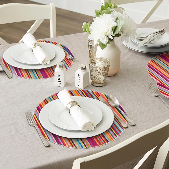 Bright Colorful Striped Round Placemats Set of 6, 12x18 Inch Mexican Rainbow Colored Geometric Pattern Table Mats for Holiday Party Kitchen Dining Room Decoration