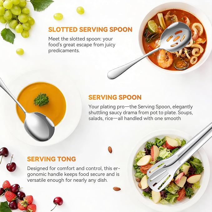 Serving Utensils Set for Partie, Stainless Steel Metal Serveware Flatware Large Serving Spoons, Slotted Spoons, Forks, Tongs, Soup and Skimmer Spoon, Cake Server for Buffet, Party, Catering