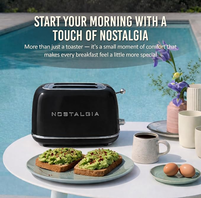 Nostalgia Classic Retro 2-Slice Toaster- Vintage Design- Enamel Coated Steel Body- Wide Slots for all Breads- Crumb Tray, Cord Storage- Defrost,Cancel and Bagel Function & 6 Toasting Levels- Black