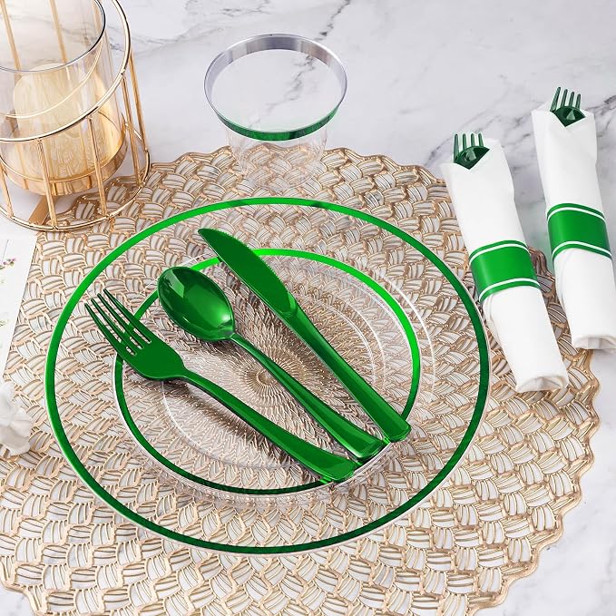 350 Pcs Clear Green Disposable Plastic Dinnerware Sets for 50 | Include 50 Dinner Plates, 50 Dessert Plates, 50 Pre Rolled Napkins with Cutlery Set, 50 Cups for Christmas, St. Patrick's Day