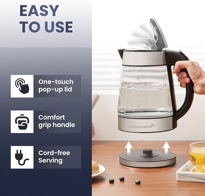 Elite Gourmet EKT-602 BPA-Free Electric Glass Kettle, Cordless 360° Base | Stylish Blue LED Interior, Auto Shut-Off Function, Quickly Boil Water for Tea & More