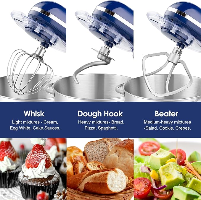 Aucma Stand Mixer,6.5-QT 660W 6-Speed Tilt-Head Food Mixer, Kitchen Electric Mixer with Dough Hook, Wire Whip & Beater (Royal Blue, 6.5QT)
