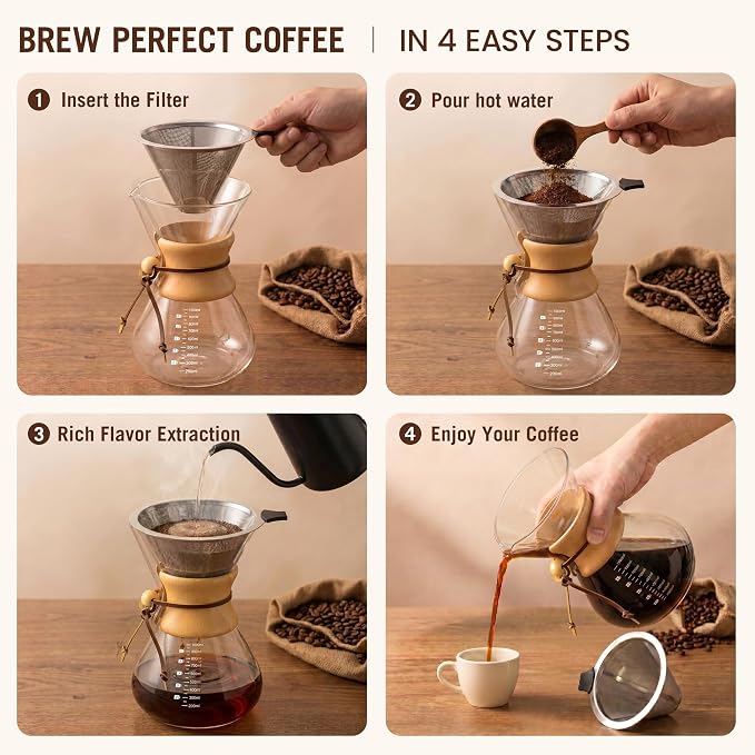 Pour Over Coffee Maker 34oz (1000ml), Borosilicate Glass Carafe with Wooden Handle & Round Body, Double Layer Stainless Steel Filter, Drip Coffee Brewer for Home Camping Hiking