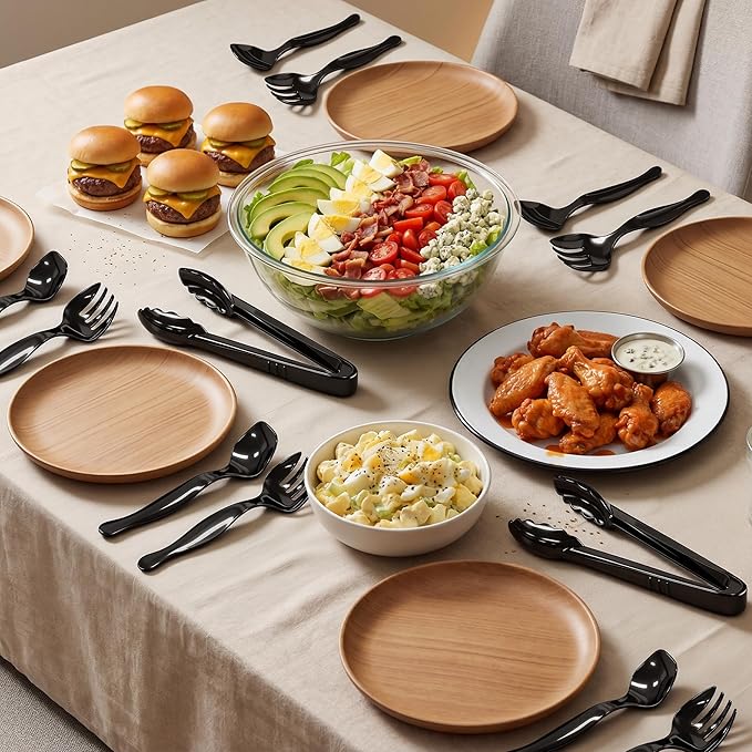 72Pcs Disposable Plastic Serving Utensils Set, 24 Black Spoons, 24 Forks, 24 Tongs, 9-Inch for Party Buffet Catering Events, Heavy Duty and Ergonomic Design (72, Black)