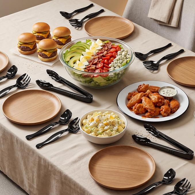 48Pcs Disposable Plastic Serving Utensils Set, 16 Black Spoons, 16 Forks, 16 Tongs, 9-Inch for Party Buffet Catering Events, Heavy Duty and Ergonomic Design(48, Black)