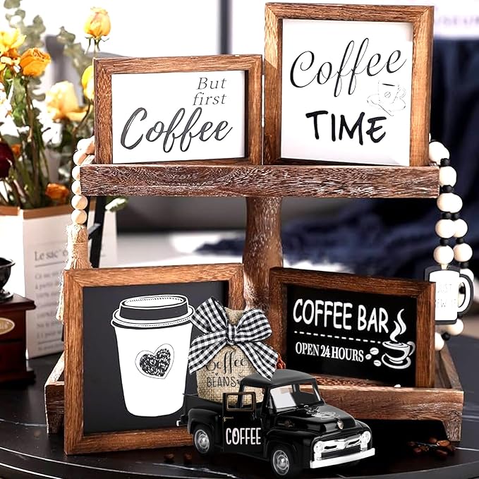 Hooqict Coffee Bar Decor Mini Metal Black Truck with Beans Burlap Sack for Home Farmhouse Kitchen Tiered Tray Decor Coffee Bar Accessories Coffee Station Decorations