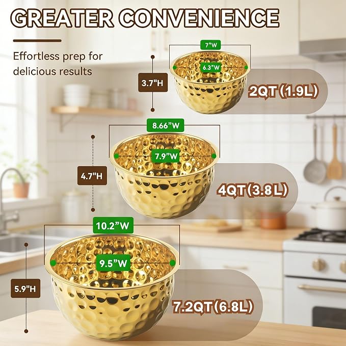 Gold Serving Bowls, Hammered Gold Bowls Set of 3, Large Popcorn Bowl Elegant Snack Bowl Set for Movie Night, Decorative Stainless Steel Salad Bowls for Party & Entertaining (7.2, 4, 2 Qt)