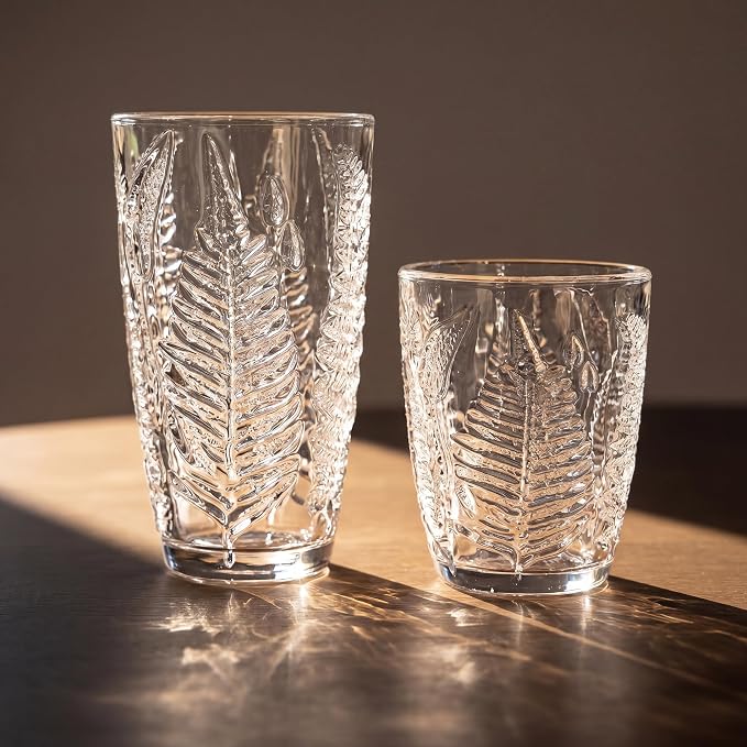 Clear Drinking Glasses Set of 4, 16 oz Glass Cups, Vintage Fern Glassware | Hand-Pressed, Dishwasher Safe, Boho Leaf-Textured Drinkware, Decorative Embossed Highball Tumblers for Water, Retro Kitchen