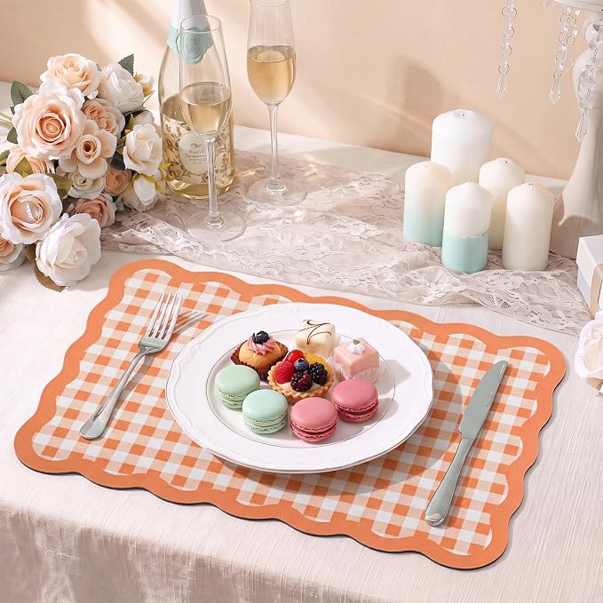 Orange Scalloped Gingham Coffee Mat 12" x 20" Absorbent Bar Mat | Gingham Espresso Matt with Non Slip Rubber Backing for Coffee Countertops