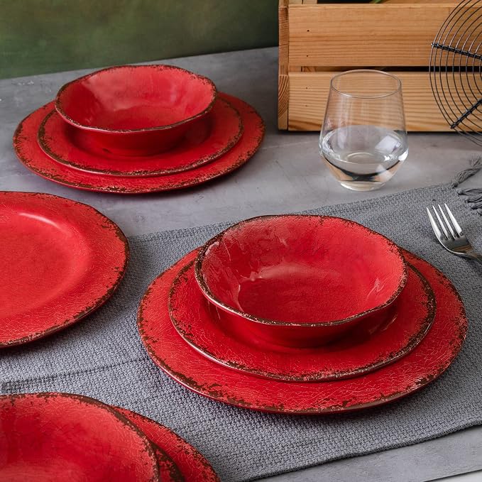 LEHAHA Farmhouse Plates and bowls set, 12 Piece Christmas Melamine Dinnerware Sets for 4,Lightweight and Unbreakable Dishes Set,Perfect for Indoor and Outdoor and Picnic use. Red