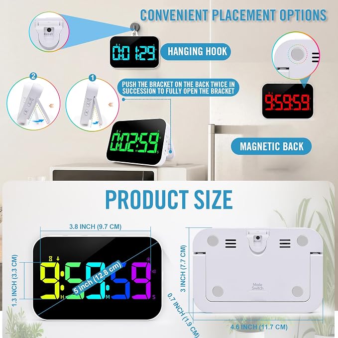Digital Timer for Classroom, Pomodoro, Gym & Kitchen – Rechargeable Magnetic Countdown Timer, Large LED Display, Loud Alarm, 3 Volume Levels & 3 Brightness Settings