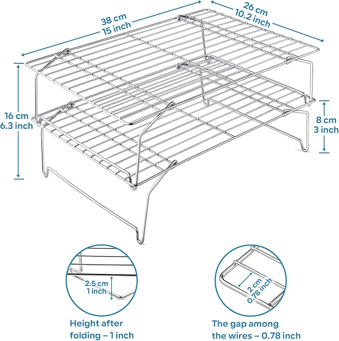 Leonyo 2-Tier 15x10IN Cookie Cooling Rack for Cooking Stackable Collapsible | Stainless Steel Cookie Cooling Racks For Cooking Baking, Wire Cookies Rack for Drying Pizza with Raised Legs, Dishwasher Safe