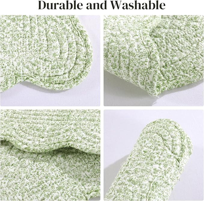 HOMBYS Quilted Placemats Set of 6 Washable-13x18 inches Rectangular Placemats for Kitchen Table-100% Cotton Fabric Rectangular Table Mats, (White with Light Green)