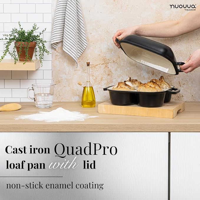 QuadPro Enamelled Cast Iron Bread Loaf Pot – Dutch Oven for Sourdough Bread Baking – 500°F Oven Safe Non Stick Bread Pot – 4 Round Loaf Spaces (4.90-inch Diameter), Black – by Nuovva