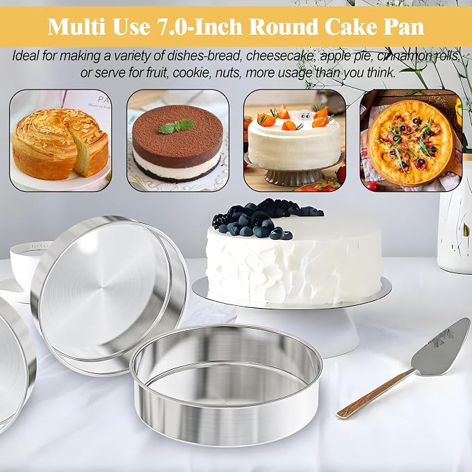 7 Inch Round Cake Pans, 3PCS Stainless Steel Cake Pan &100 Parchment Paper | AWTBDP Nonstick Heavy Duty Circle Cake Pan Tins Set for Birthday Wedding Baking Layer Cakes, Dishwasher Safe & Easy Release